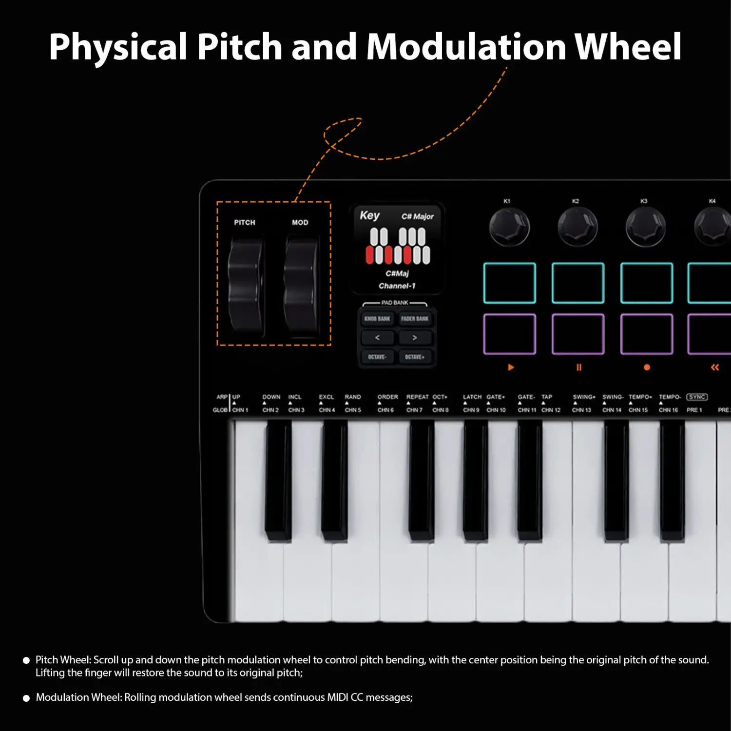 M-VAVE 37 Key MIDI Keyboard Controller with 16 RGB Pads 8 Knobs 4 Faders Synthesizer Engine BT Wireless for Music Production DAW