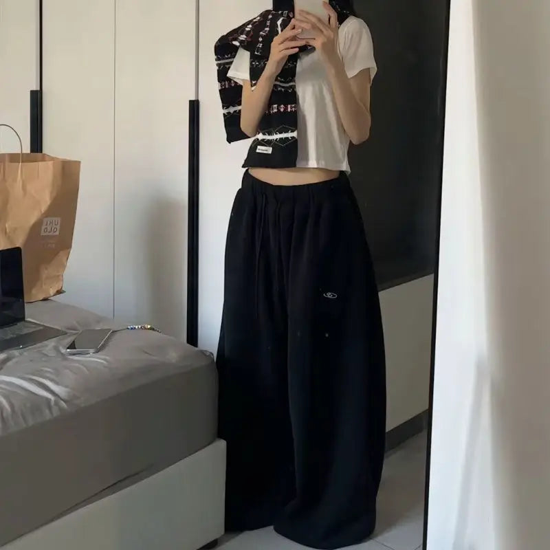 American Retro Hip-Hop Oversized Woman Black Casual Sweatpants Korean Streetwear Loose Jogging Pants High Waist Wide-Leg Pants