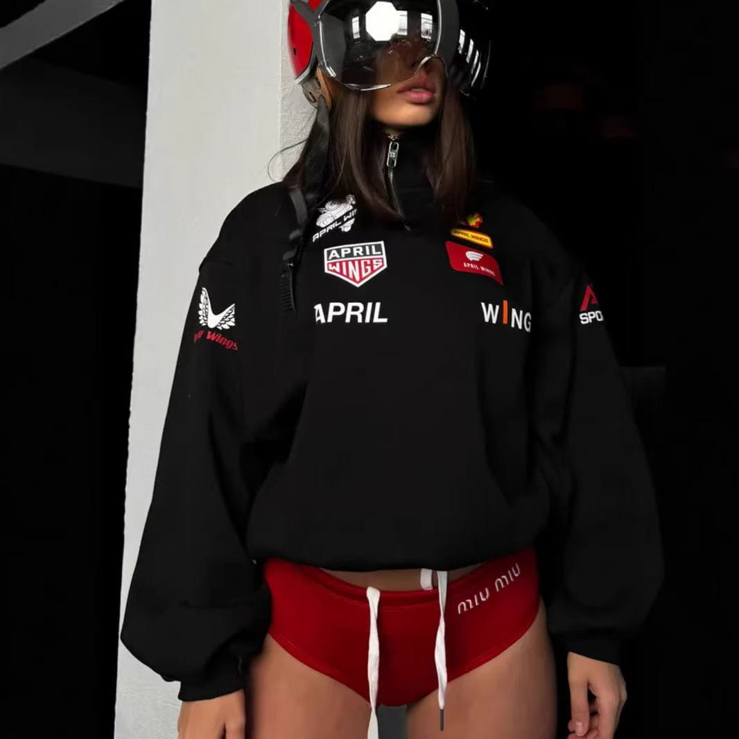 Hip Hop Sports Racing Half Zipper Letter Print Sportswear Loose Sweatshirt Women Autumn 2026 Casual Hoodies Clothes Sudadera Top