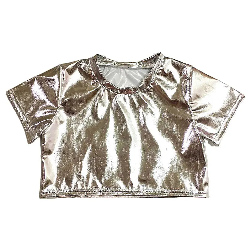 Hip Hop Kids Clothing Girls Boys Metallic Crop Top Shiny T-shirt Sparkly Jazz Dance Tops Street Dance Stage Performance Costume