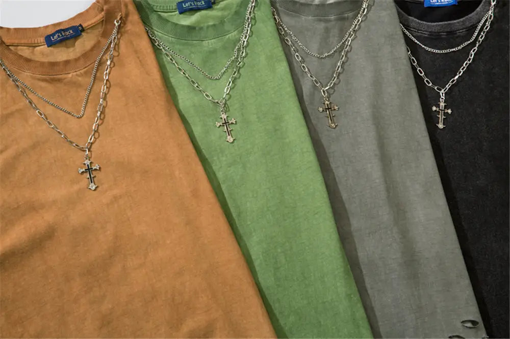 Hip Hop Tank Tops Men’s Vintage Washed Sleeveless T-Shirt Hole Harajuku Dancing Breathable Tops with Necklace Streetwear