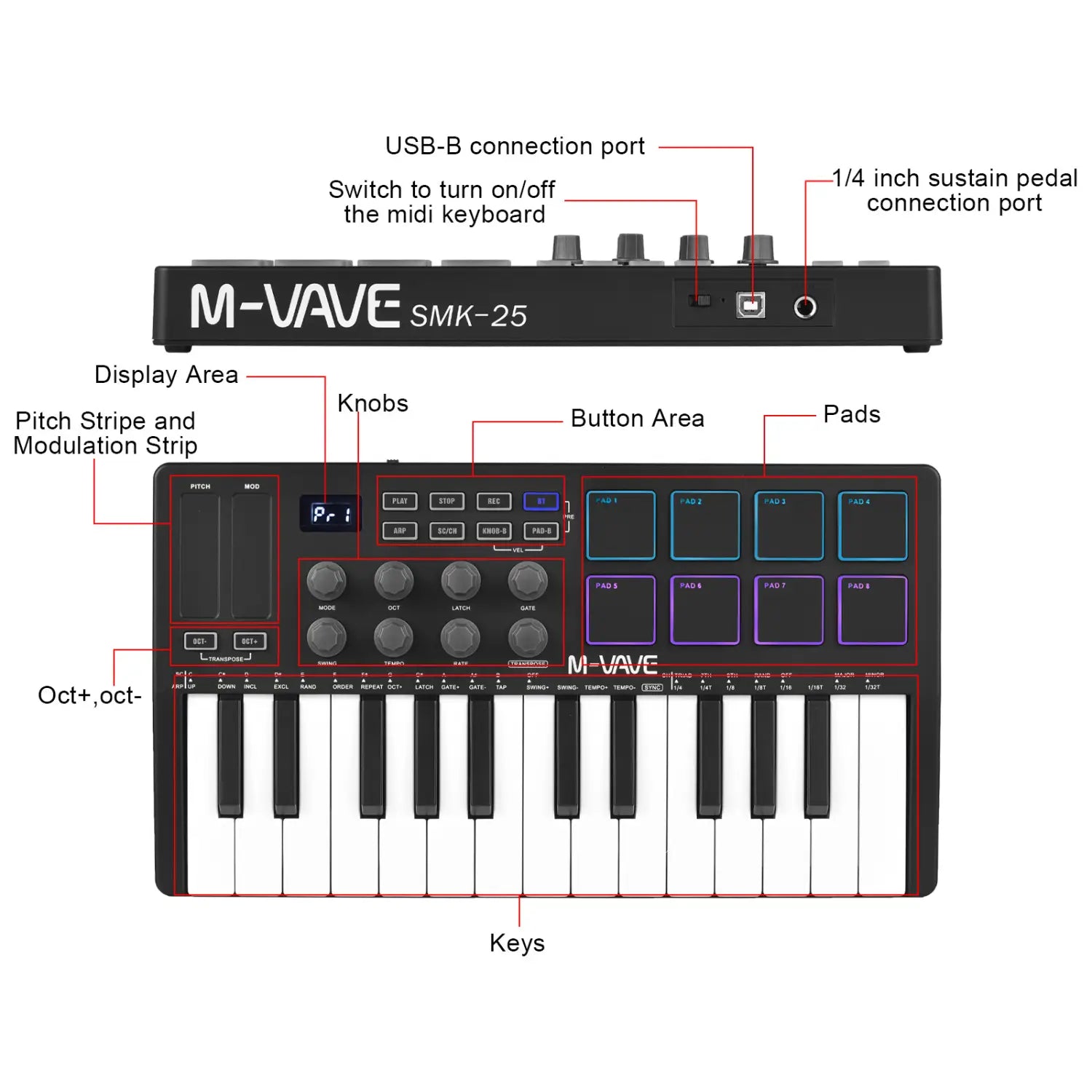 M-vave SMK-25 Mini 25 Keys Wireless / USB MIDI Keyboard Controller With 8 Backlit Drum Pads 8 Knobs and 2 Touch Stripes