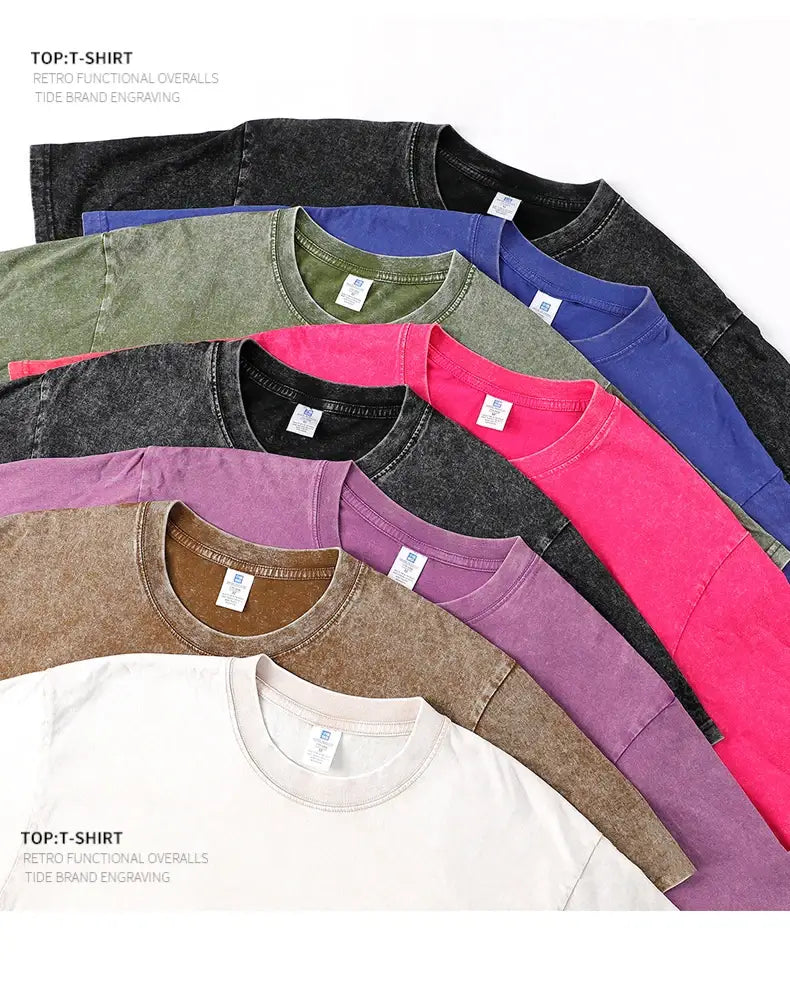250gsm Men’s Washed Vintage T-Shirts Street Hip Hop Retro Punk T Shirt Women Harajuku Casual Cotton Short Sleeve Acid Wash Tops