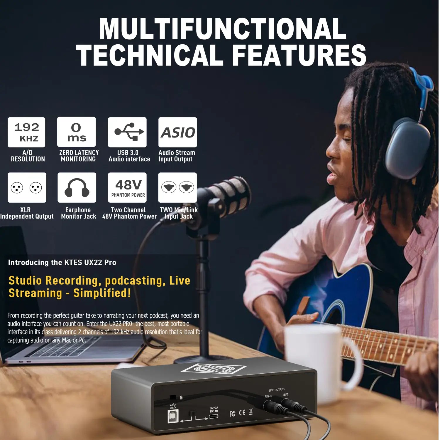 UX22 Pro Audio Interface 192kHz 32-Bit USB Sound Card for Studio Recording Live Streaming Podcast DAW Music Production & YouTube