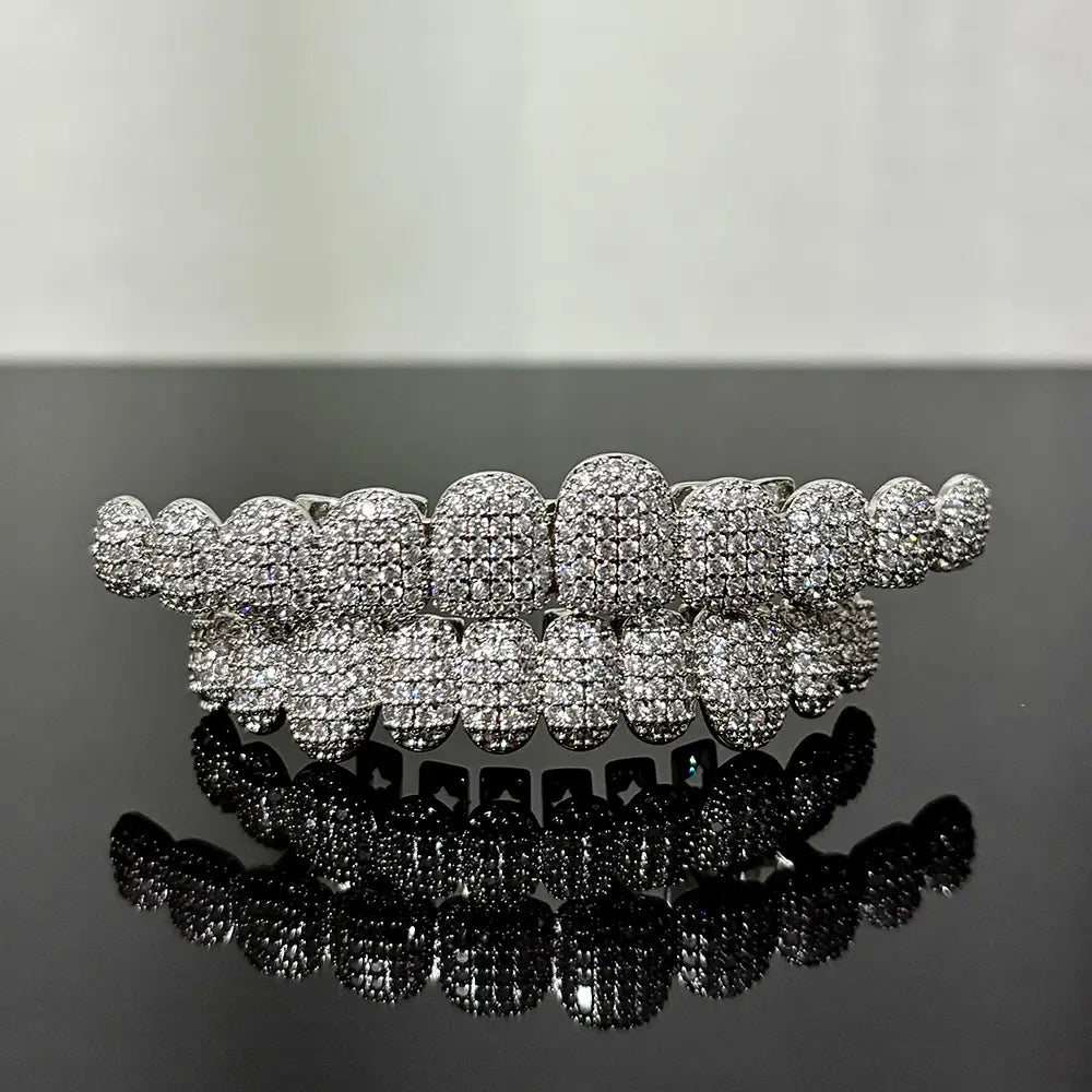 RACHELZ Hip Hop 10/10 Iced Out CZ Stone Teeth Grillz Punk Rapper Cubic Zirconia Tooth Caps For Women Men Jewelry Christmas Gift