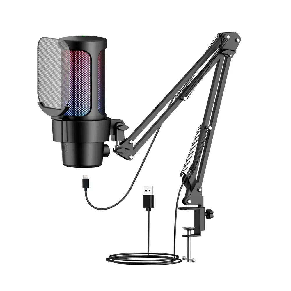 M8 USB Gaming Microphone Computer Mic Kit RGB Lighting Cardioid Mode Pick-up Quick Mute and Gain Knob with Boom Rack for Gaming