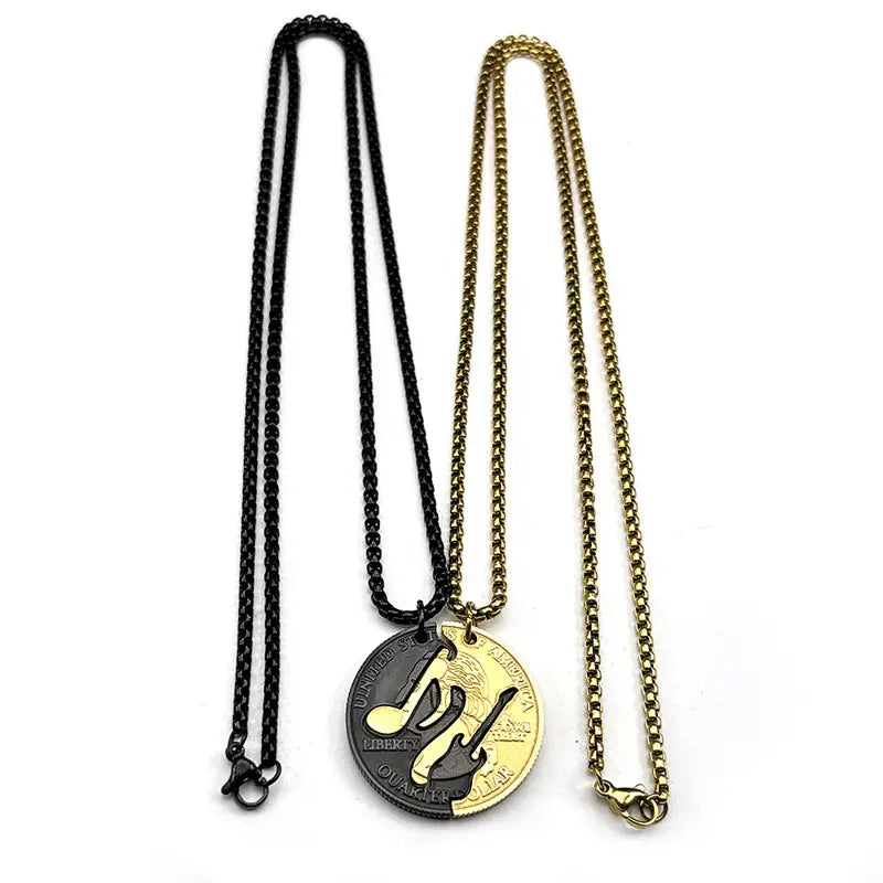 Hiphop US Quarter Dollar Music Couple Necklace For Women Men Stainless Steel Gold Color Electric Guitar Male Chain Jewelry Gifts
