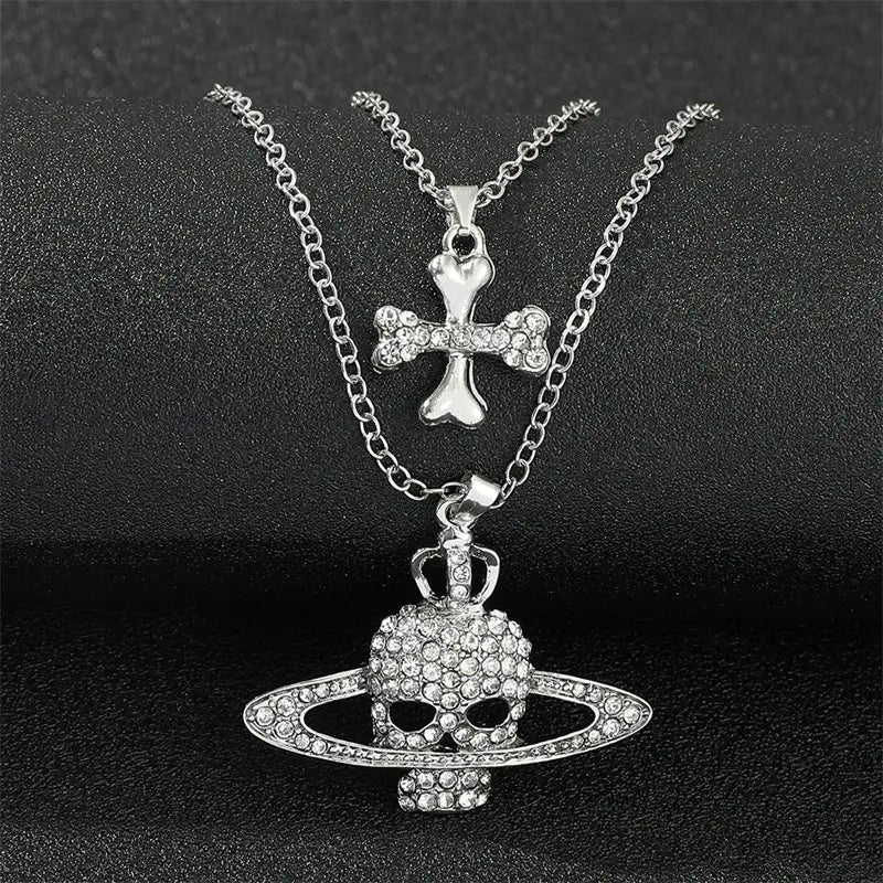 Rhinestone Skull Pendant Long Cross Chain Necklace Vintage Punk Goth Style for Women Men Unique Wholesale Jewelry Accessory