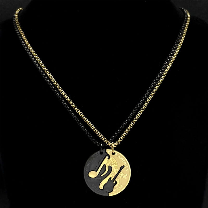 Hiphop US Quarter Dollar Music Couple Necklace For Women Men Stainless Steel Gold Color Electric Guitar Male Chain Jewelry Gifts