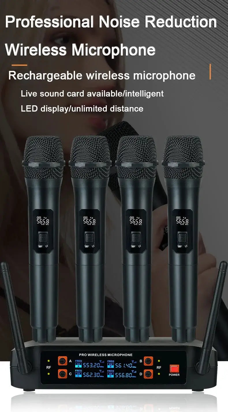 Professional VHF Wireless Microphone System 4 Channel Handheld Karaoke Microphone for Home Party Church Event PA TV Speaker