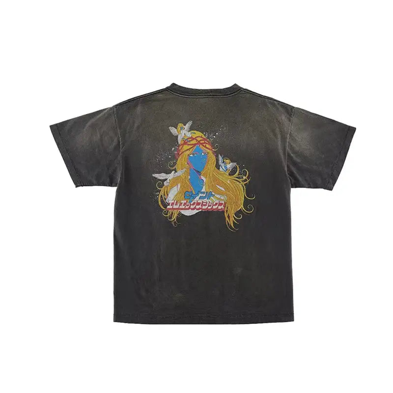 Hip Hop Retro Racing Style Graffiti Color Blocking Saint Micheal T-Shirt Men Women High Quality Oversized T Shirt Tee Tops