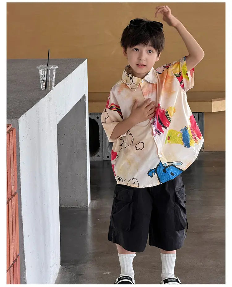 Hiphop Fashion Style Kids Boy Hip Hop Shirt with Drawings Baby Child Hiphop Rapper Dance Clothes Y2K Streetwear Clothes Tops