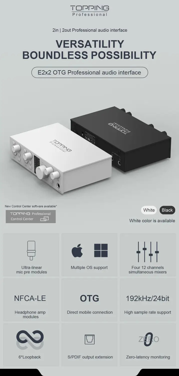 NEW TOPPING E2x2 OTG Professional audio interface 2 in 2 out sound card 8 DAW and 6 LoopBack channels SPDIF output expansion