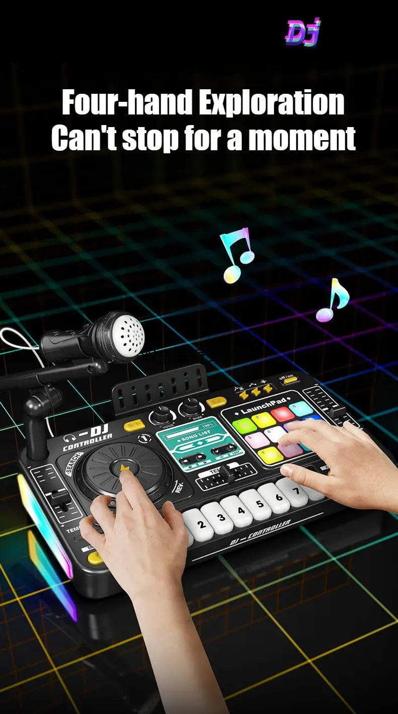 Kids DJ Controller Music Toy Mixer with Microphone LED Light Electronic Music Game DJ Turntable for Children Birthday Gifts