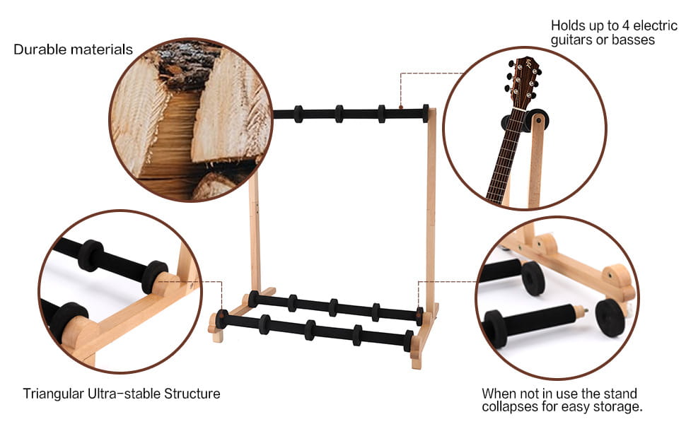 4 Rows Multi Guitar Wooden Stand Floor Display Stand Can Hang Bass Electric Guitar Ukulele Bass Instrument Playing Accessories