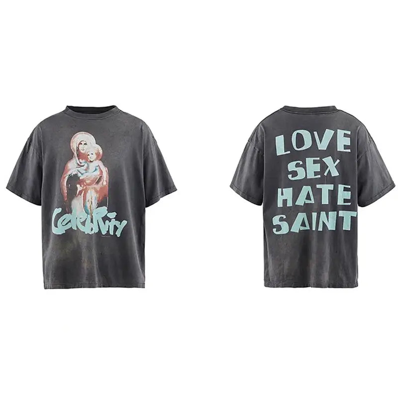 Hip Hop Retro Racing Style Graffiti Color Blocking Saint Micheal T-Shirt Men Women High Quality Oversized T Shirt Tee Tops
