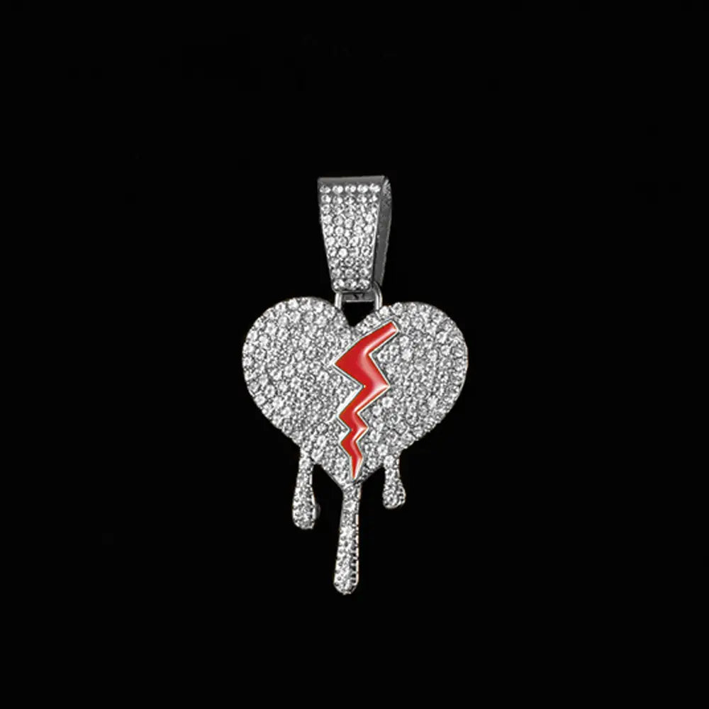 Hip Hop Iced Out Broken Heart Pendants Necklace with Miami Cuban Link Chain Heartbreak Necklaces Men Women Rapper Charm Jewelry