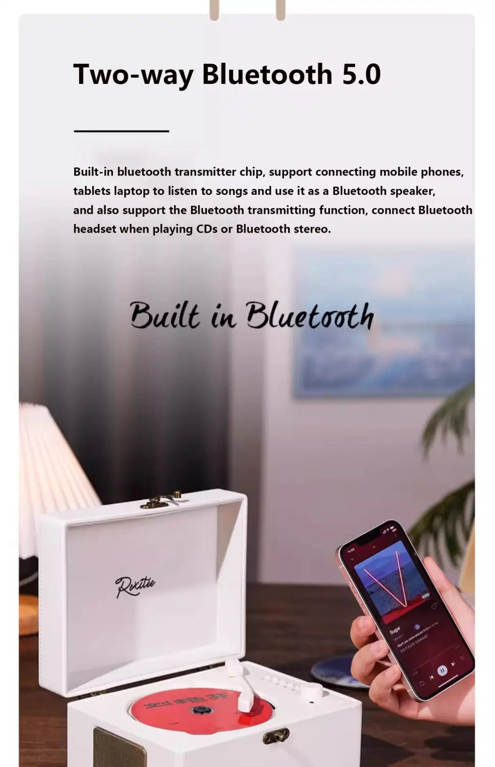 Vintage Leather CD Player Two-way Bluetooth 5.0 Built-in Speaker Portable Rechargeable CD Music Player USB Lossless Player