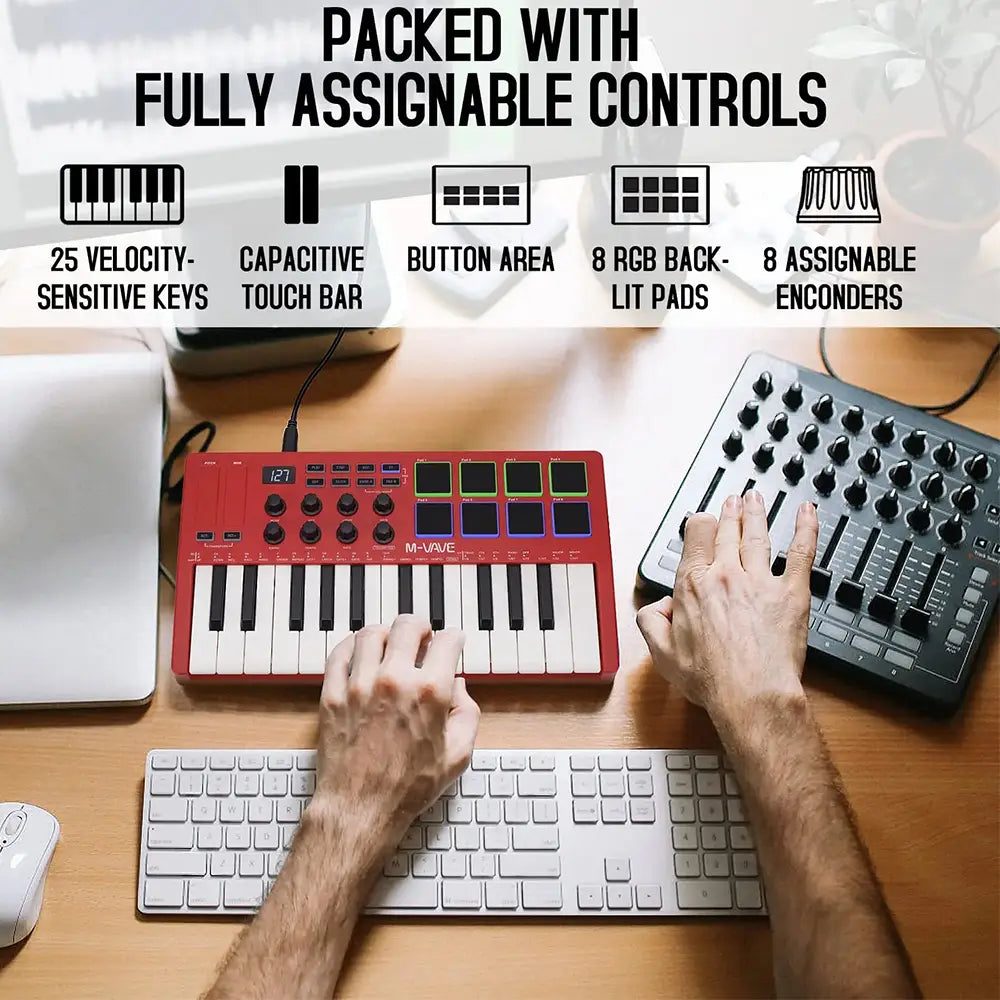 M-VAVE 25-Key MIDI Control Keyboard Mini USB Keyboard Controller with 25 Velocity Sensitive Keys 8 RGB Backlit Pads 8 Knobs