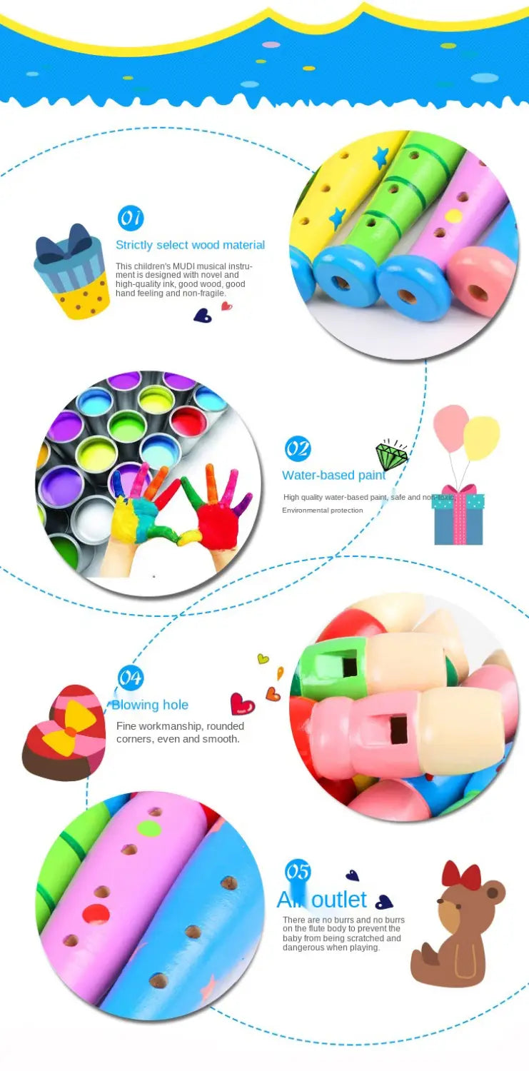 1pc 20cm/7.87in Colorful Wooden Flute Music Instrument Trumpet Buglet Hooter Kids Educational Learning Musical Toys for Children