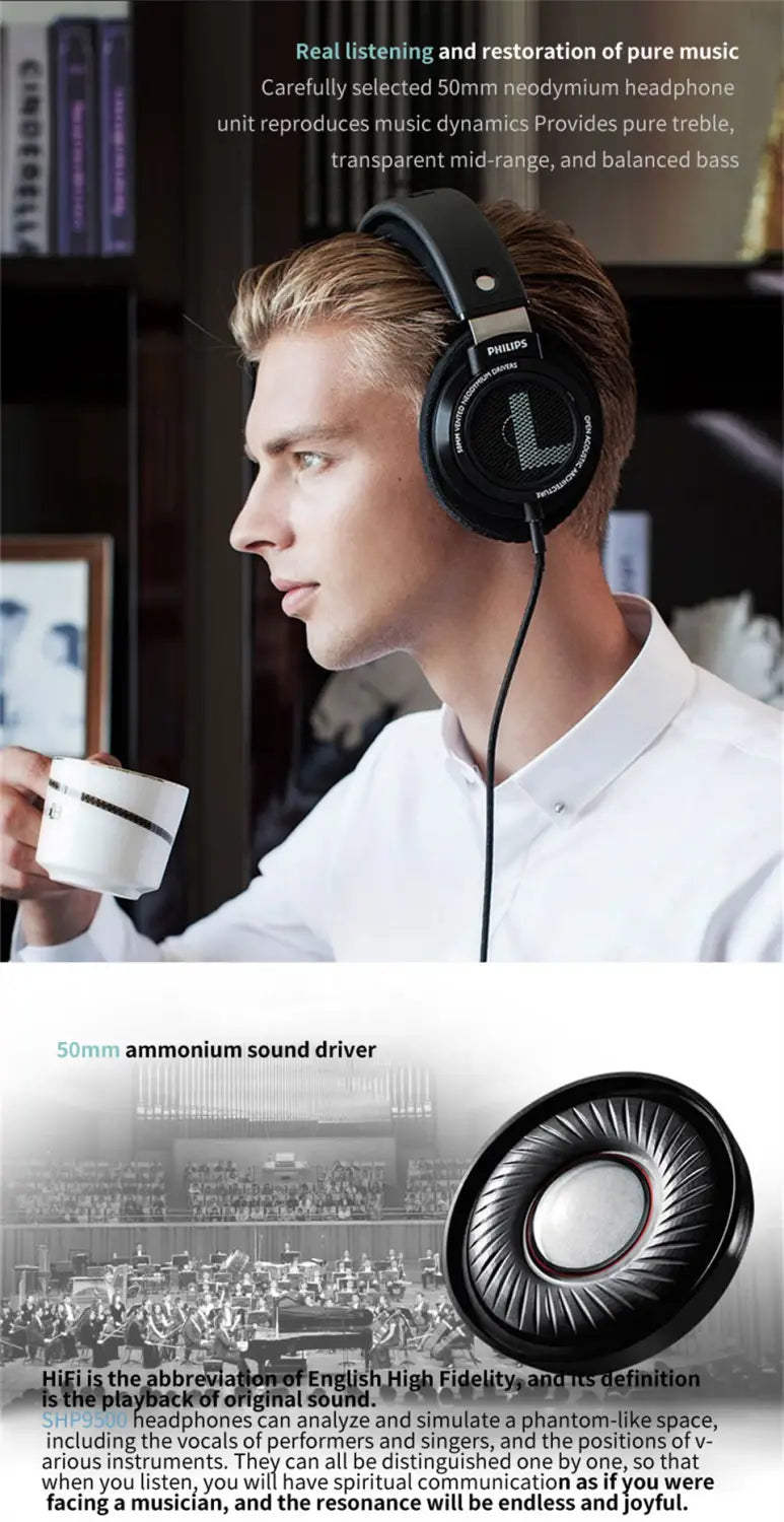 Philips SHP9500 Wired Headphones HiFi Stereo Music Earphone 3.5mm 6.3mm Interface Computer Laptop Mobile Phone Universal Headset