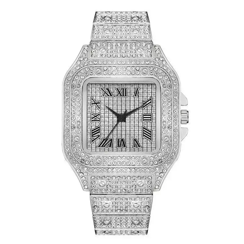 Brand Luxury Men’s Watches Stylish Alloy Strap Hip Hop Diamond Gold Date Quartz Watch Montre Homme