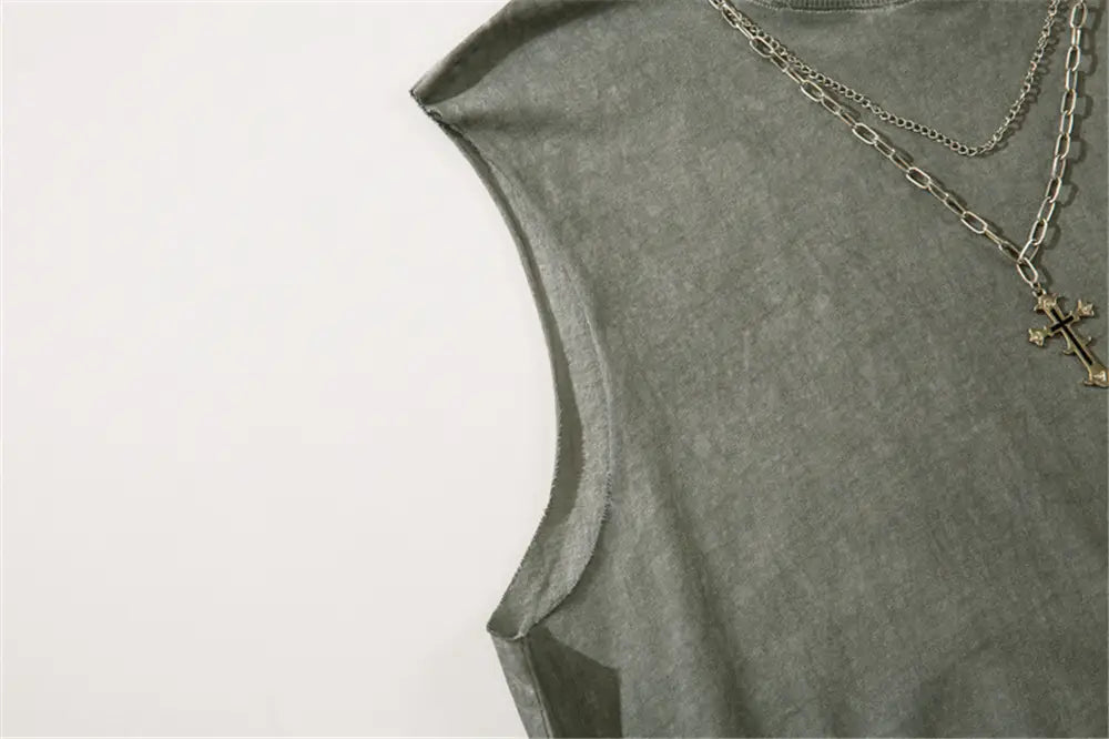 Hip Hop Tank Tops Men’s Vintage Washed Sleeveless T-Shirt Hole Harajuku Dancing Breathable Tops with Necklace Streetwear