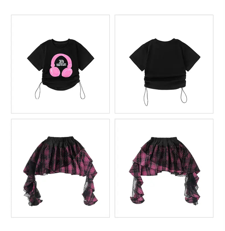 Kids Hiphop Fashion Style Rapper Clothes Set For Girl T-shirt Skirt Hip Hop Outfit Child Dance Wear Streetwear y2k Costume Suit