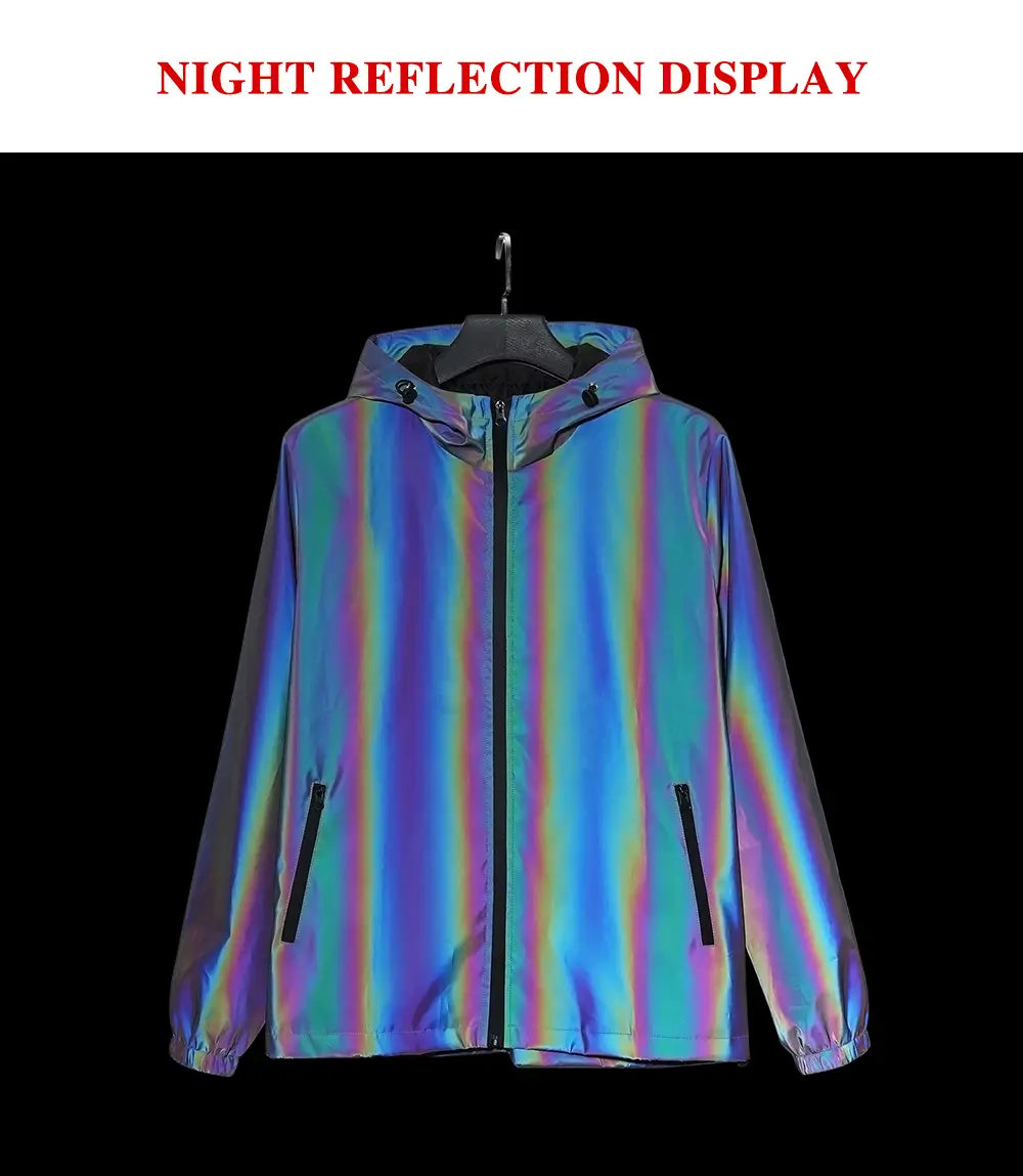 Men Reflective Jacket Gradient Colorful Hip-hop Streetwear Night Outdoor Hooded Windproof Coats Fashion Dance Skateboard Clothes