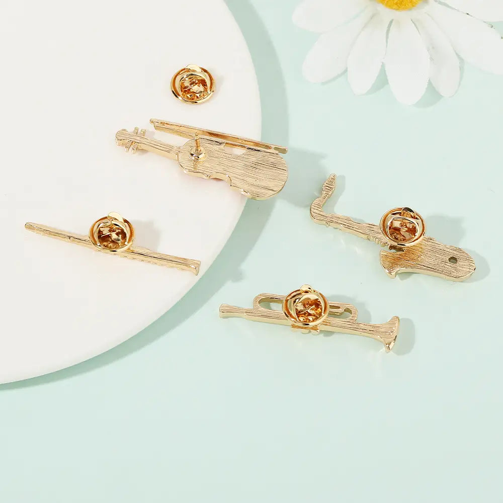 4Styles Classic Trumpet Flute Violin Sax Shaped Golden Pins Musical Instrument Cello Design Brooches Music Theme Badge