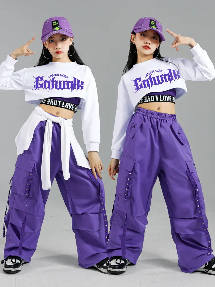 Hip Hop Girls Fashion K-pop Crop Top Purple Cargo Pants Children Street Dance Outfits Kids Streetwear Group Jazz Clothes Sets