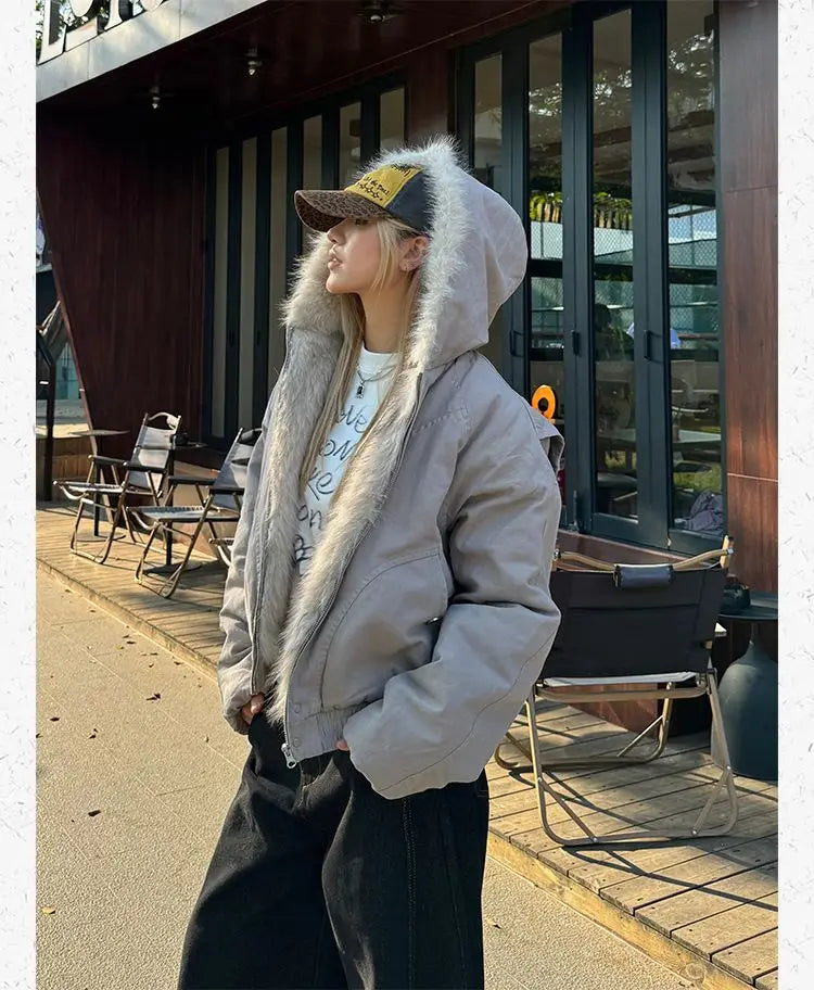 American Retro Fur Collar Hooded Jacket Women Y2K Streetwear Winter New Velvet Thickened Warm Harajuku Loose Casual Jacket