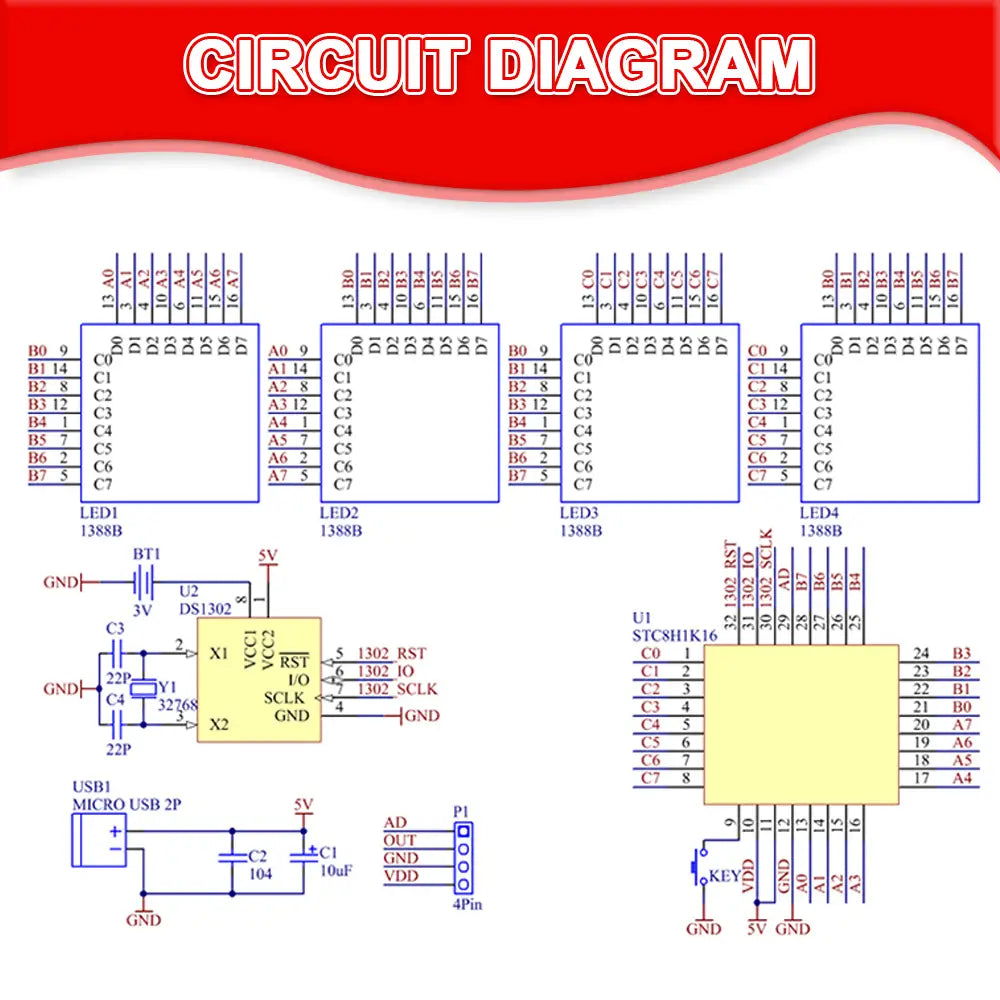 DIY LED Music Spectrum DS1302 Dot Matrix Clock Electronic Rhythm Light USB Power DC5V with Micro Cable DIY Soldering Kit