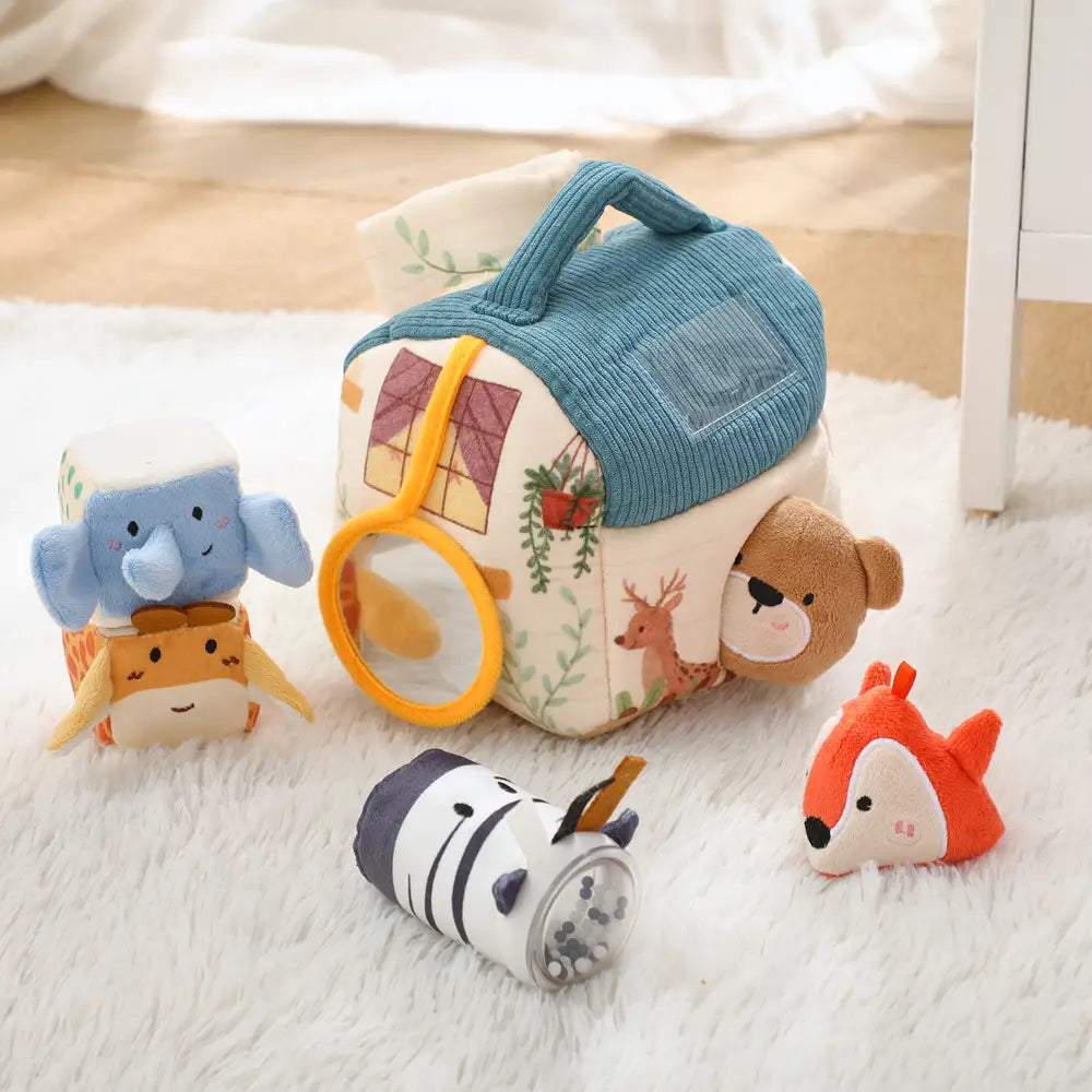 Baby Montessori Toy Plush Barn with Farm Animals Musical Touch Sensory Toys Portable Baby Farmhouse Cognition Toy for Infants