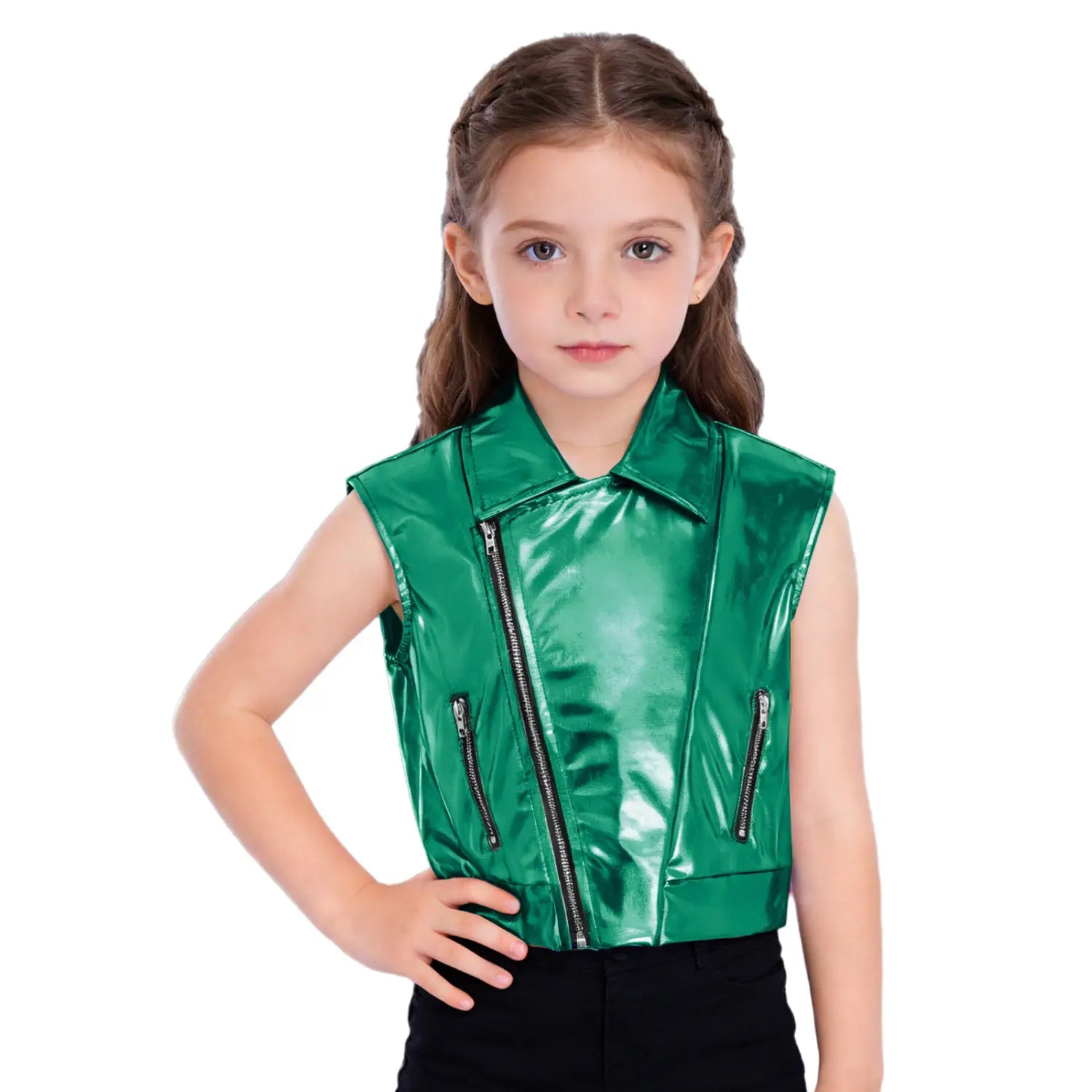 Kids Boys Girls Hip Hop Jazz Dance Performance Costume Turn-Down Collar Vest Zipper Metallic Jacket Tops Sleeveless Outerwear