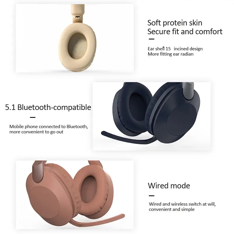 Wireless Bluetooth-Compatible Headset Eearphone with Mic Hands-free HIFI Stereo BT5.1 Over-Ear Headphone for Call and Music