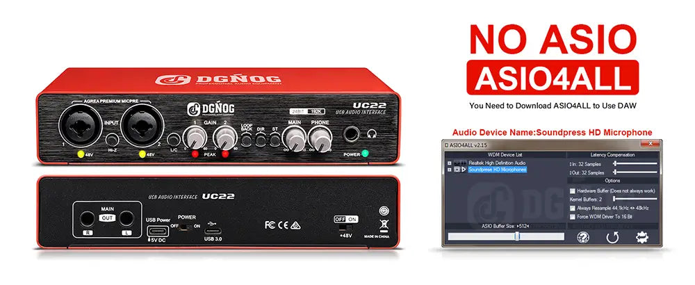 UC22 Audio Interface Sound Card 24-bit/192KHz AD Converter Electric Guitar Live Recording Professional Studio Singing Podcast