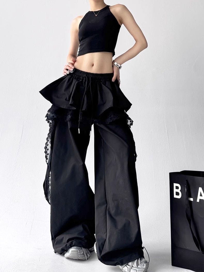 High Quality Lace Tiered Skirt Baggy Full Length Pants Hip Hop Dance Sexy Women Girls Casual Summer Trousers Elastic Drawstring