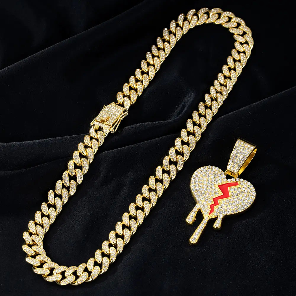 Hip Hop Iced Out Broken Heart Pendants Necklace with Miami Cuban Link Chain Heartbreak Necklaces Men Women Rapper Charm Jewelry