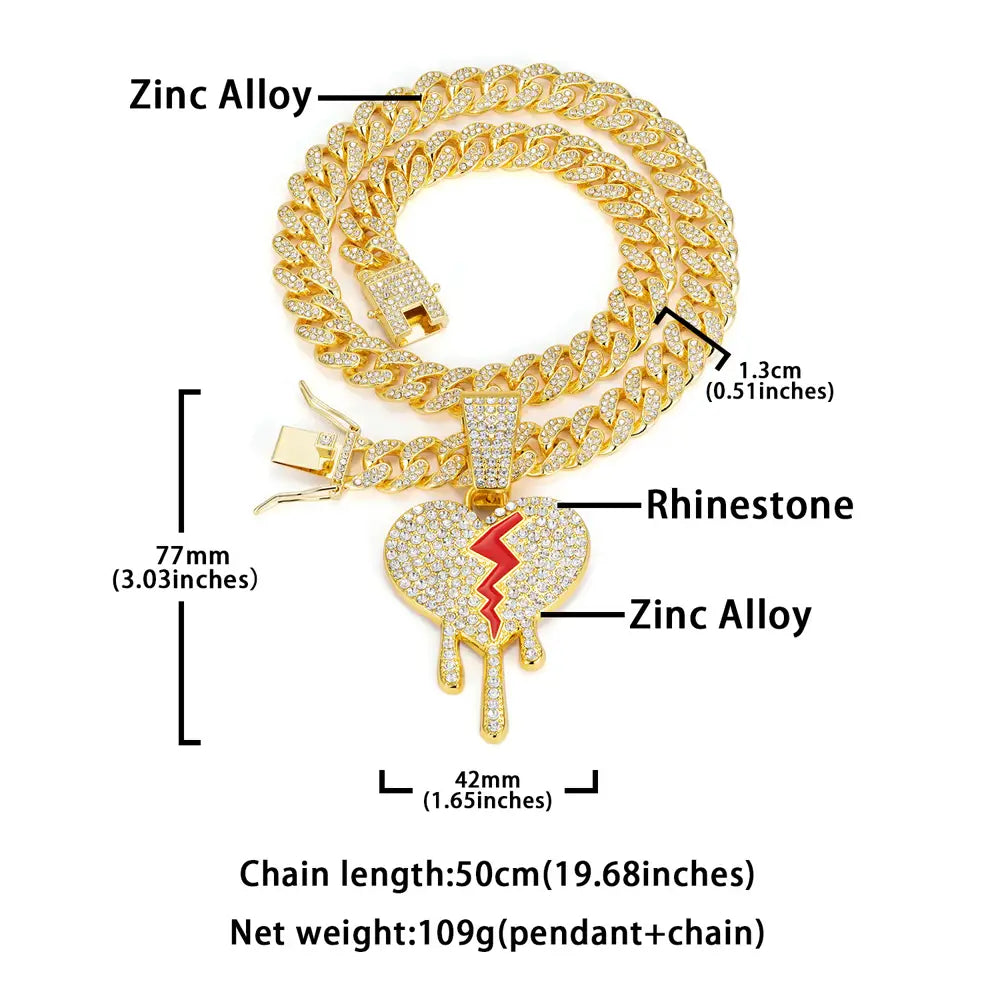 Hip Hop Iced Out Broken Heart Pendants Necklace with Miami Cuban Link Chain Heartbreak Necklaces Men Women Rapper Charm Jewelry