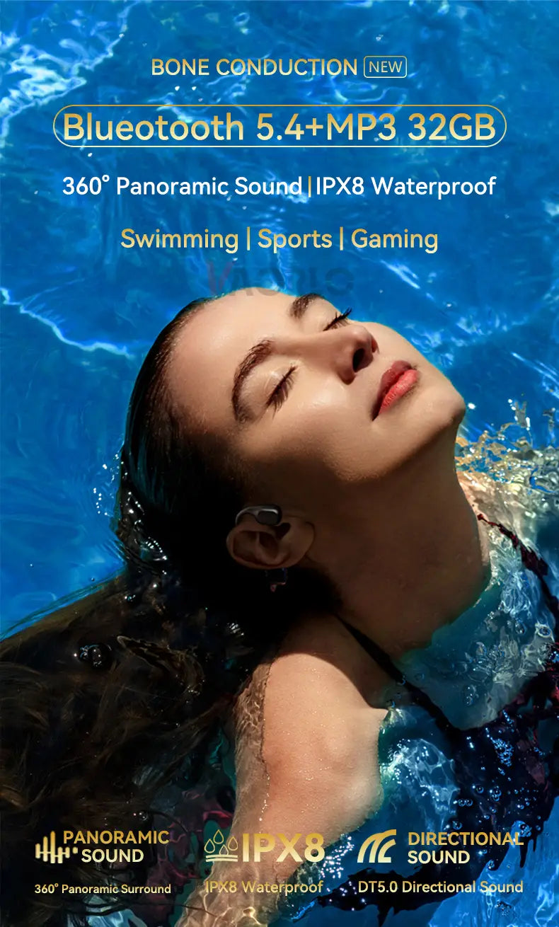 #IPX8 Waterproof Bone Conduction Wireless Headphone Bluetooth 5.4 + 32GB RAM MP3 Player HIFI Music Sport Swimming Headset With Mic