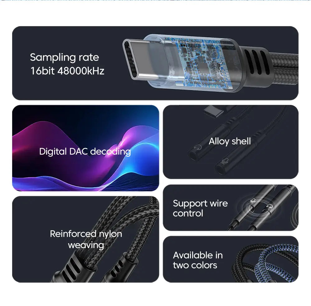 Type C Male To 3.5MM Jack Audio Cable Dual Female Adapter DAC 2-in-1 Music Voice Microphone Splitter Cable for iphone 15 16