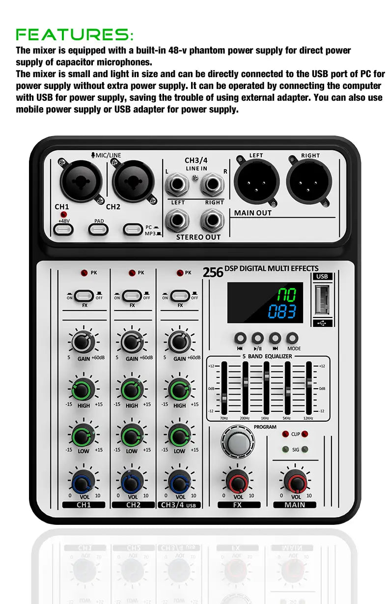 Professional 4-Channel 256DSP Audio Mixer 48V Phantom Power USB Studio Karaoke Bluetooth DJ Console Mixer