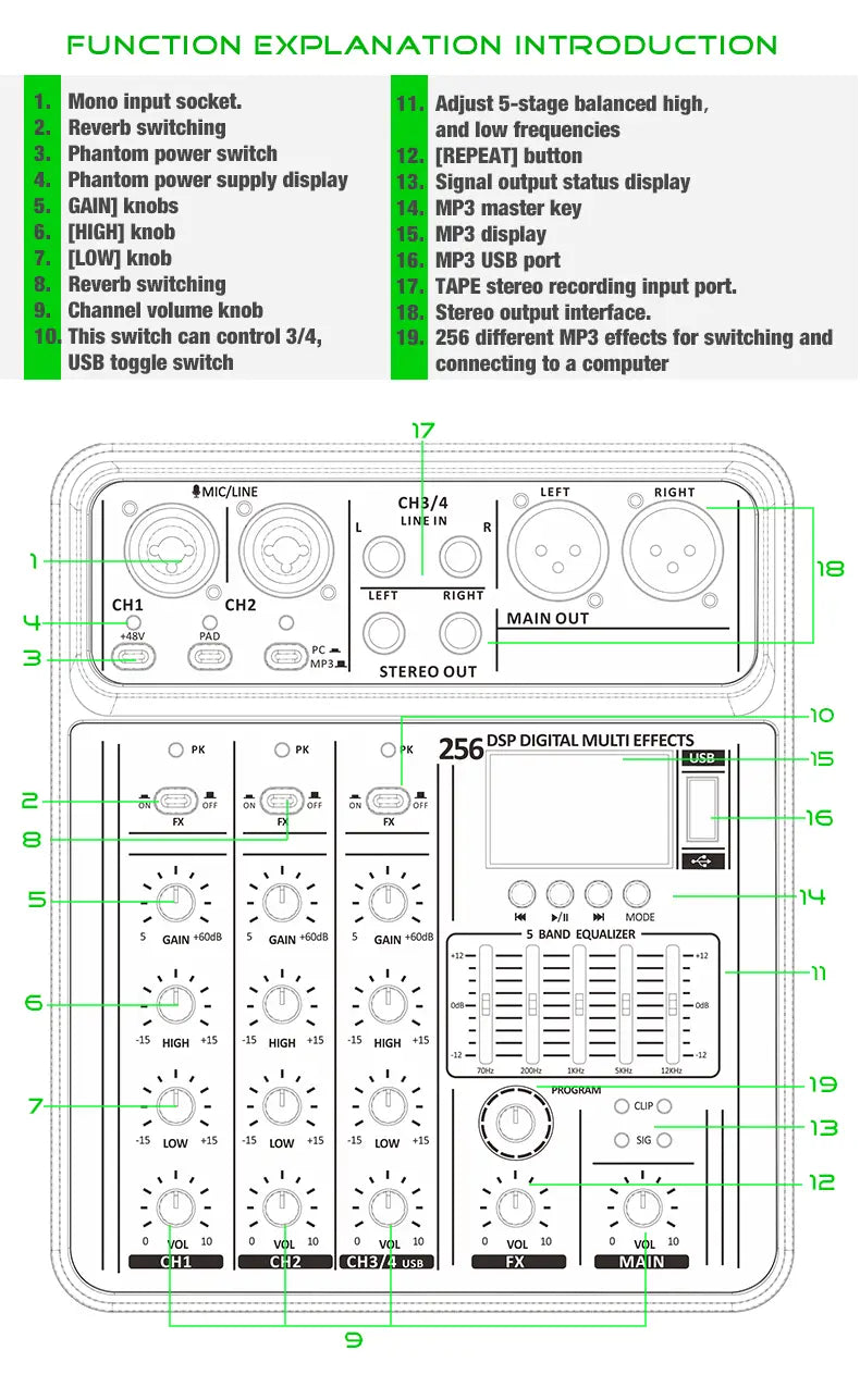 Professional 4-Channel 256DSP Audio Mixer 48V Phantom Power USB Studio Karaoke Bluetooth DJ Console Mixer