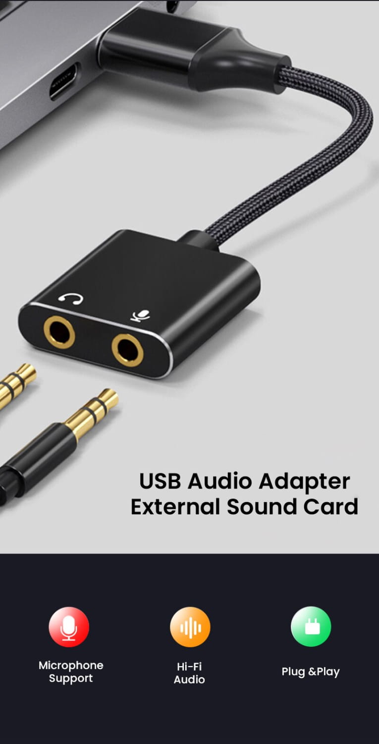 USB Sound Card Adapter with 3.5mm Headphone and Microphone Jack Braided Cable External USB Audio Adapter for Windows Mac Laptop