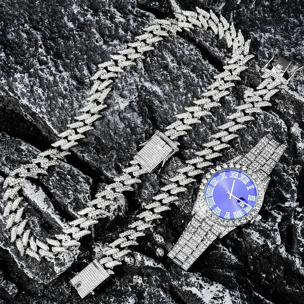 Hip Hop 3pcs Cuban Chain Watch for Men Miami Curb Iced Out Paved Rhinestones Rapper Cuban Necklace Suit Watch Bracelet Jewelry