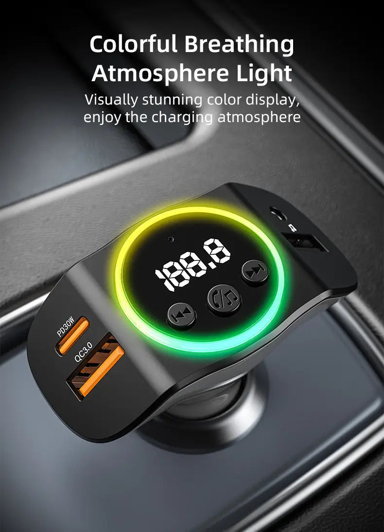 PD30W + QC3.0 Bluetooth 5.3 Car MP3 Player FM Transmitter Wireless Handsfree U Disk Play Music USB Type-C Car Fast Charger Adapter