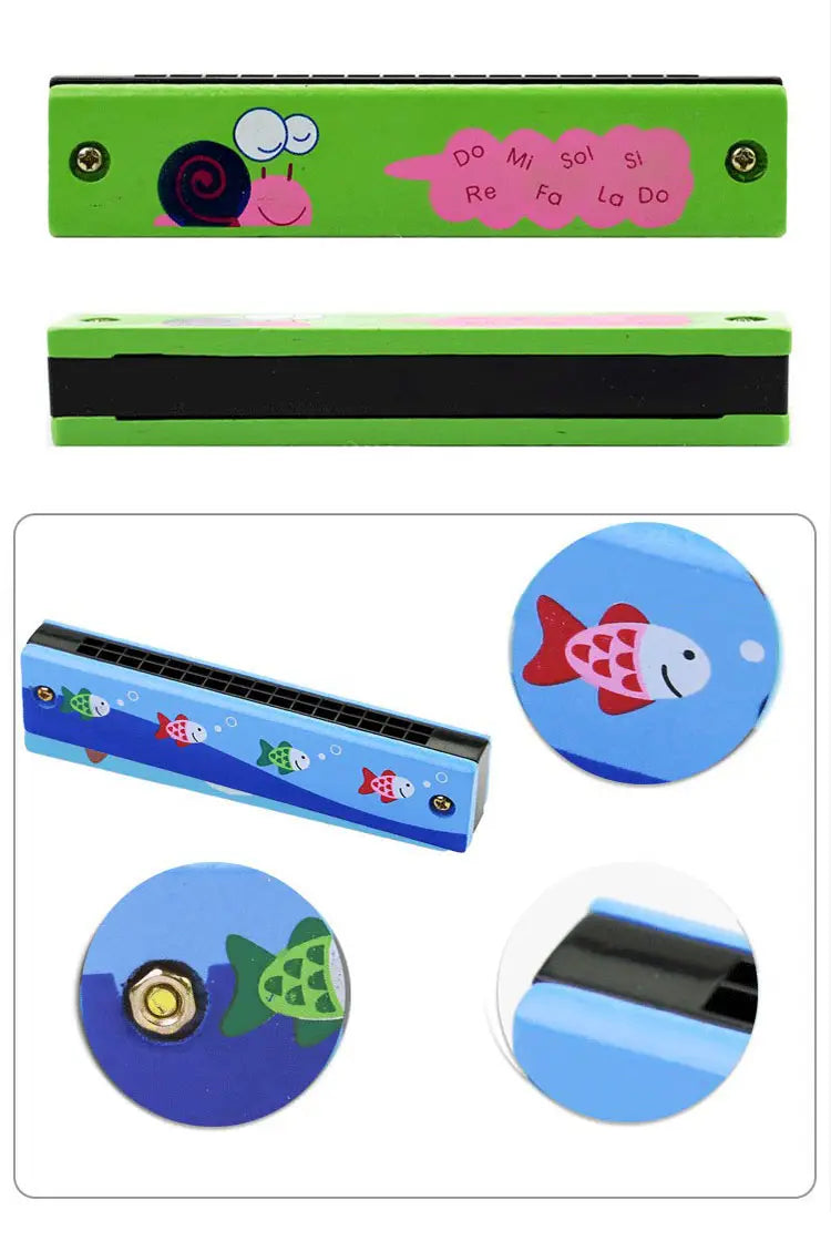 16-Hole Wooden Harmonica Cartoon Animals Painted Toy Musical Instrument Play Kids Early Educational Toys for Children Gifts