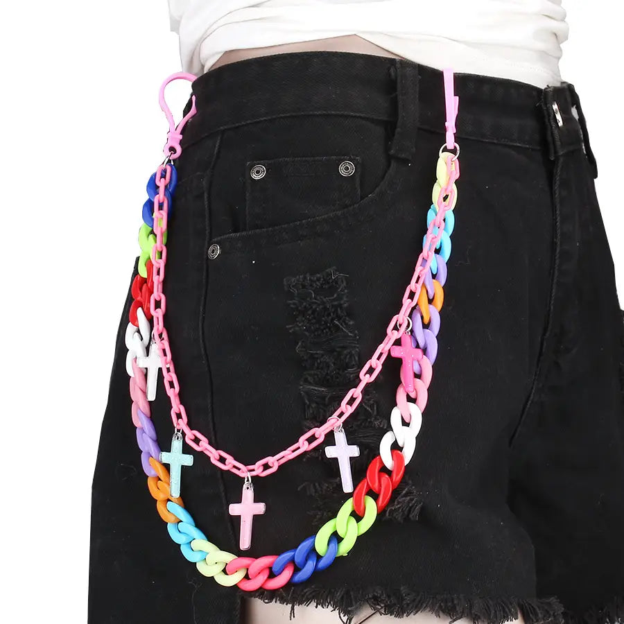 Bohemian Rainbow Resin Chain Keychains Men Women Hip Hop Waist Chain Multicolor Acrylic Flower Pants Trousers Chain Punk Jewelry