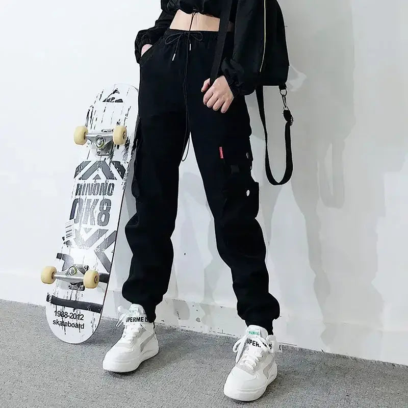 Hip Hop Women’s Sports Fashion Cargo Pants Loose and Casual Korean Harem Pants Black Joggers with Multiple Pockets Trousers 5XL